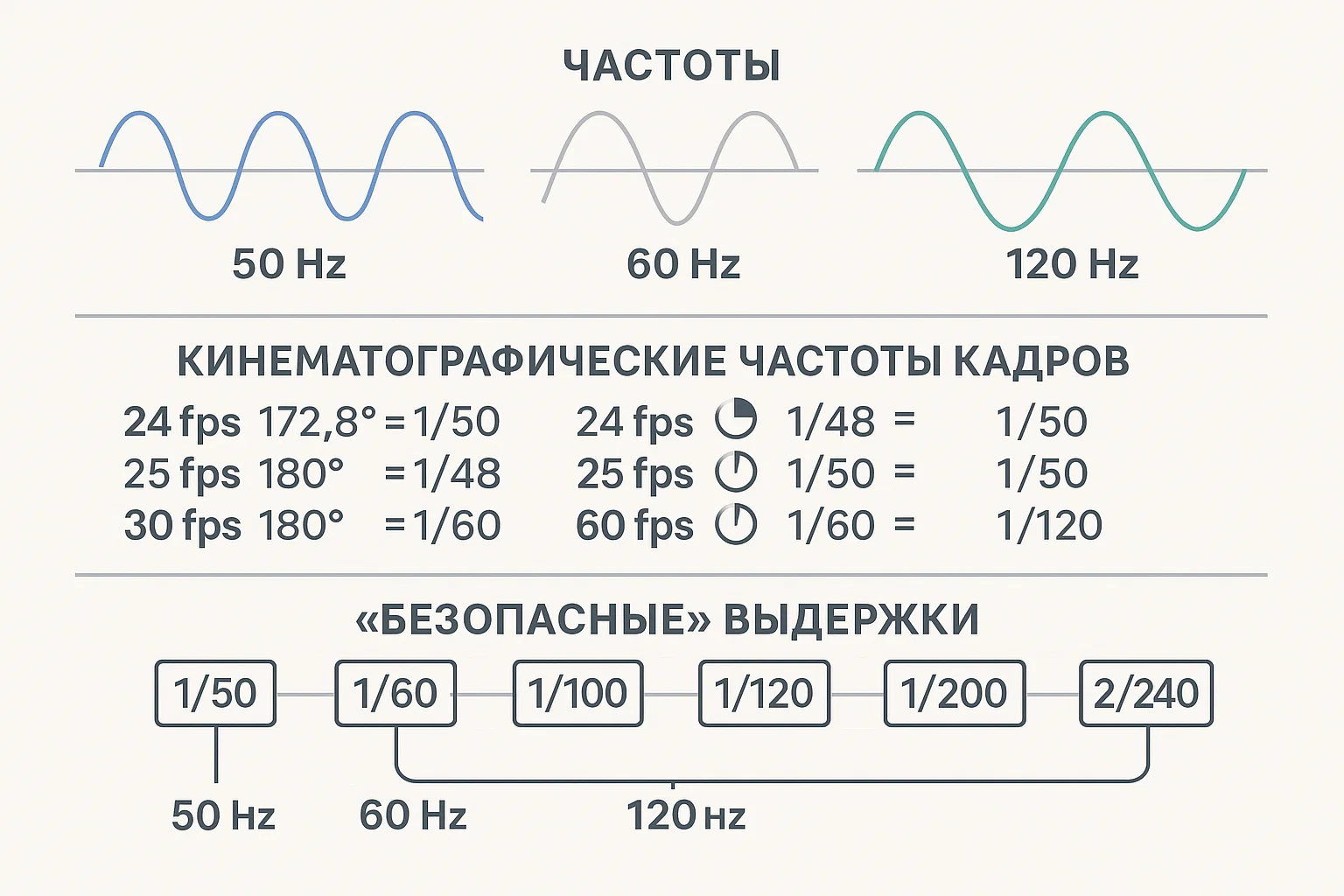 Диаграмма согласования выдержки и частоты обновления: 50/60 Гц, 24/25/30 fps и безопасные выдержки 1/50, 1/60, 1/100, 1/120 и т.д.